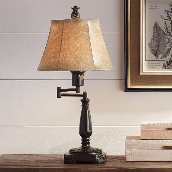 Bronze Swing Arm Desk Table Lamp 22.5" with Faux Leather Shade