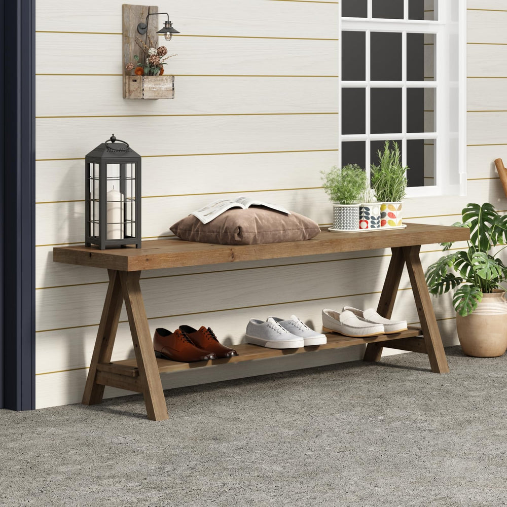 Solid Wood Farmhouse Entryway Bench with Storage Shelf