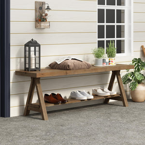 Solid Wood Farmhouse Entryway Bench with Storage Shelf