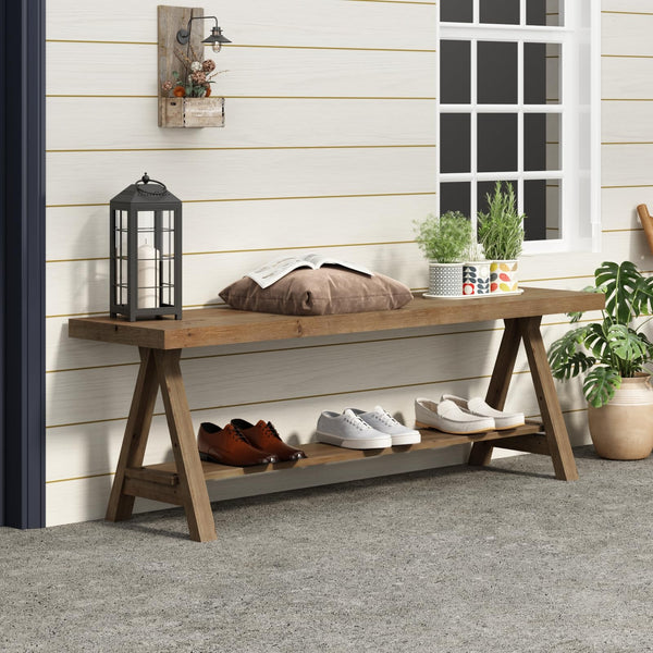 Solid Wood Farmhouse Entryway Bench with Storage Shelf