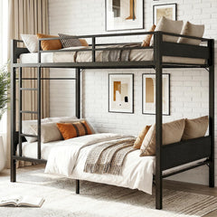 Twin Over Twin Metal Bunk Bed with Clothes Rail & Guardrail