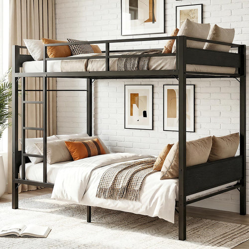 Twin Over Twin Metal Bunk Bed with Clothes Rail & Guardrail