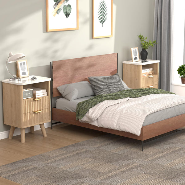 Fluted Nightstand Set of 2 with Drawer & Open Shelf — Oak