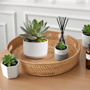 Round Rattan Serving Tray with Handles
