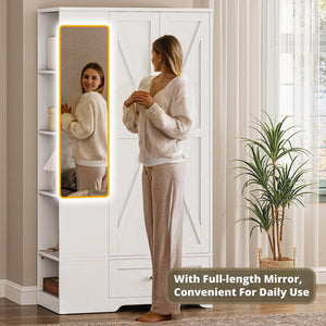 70" Wardrobe Closet with Mirror, Drawer & Side Shelves