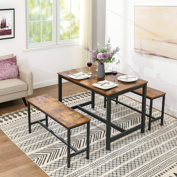 Rustic Brown Dining Bench Set of 2 with Steel Frame
