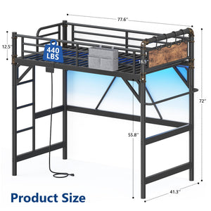 Twin Loft Bed with LED Lights & Charging Station