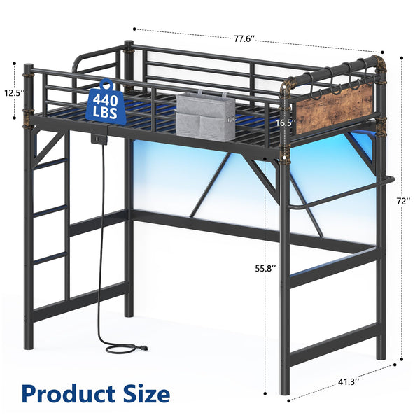 Twin Loft Bed with LED Lights & Charging Station