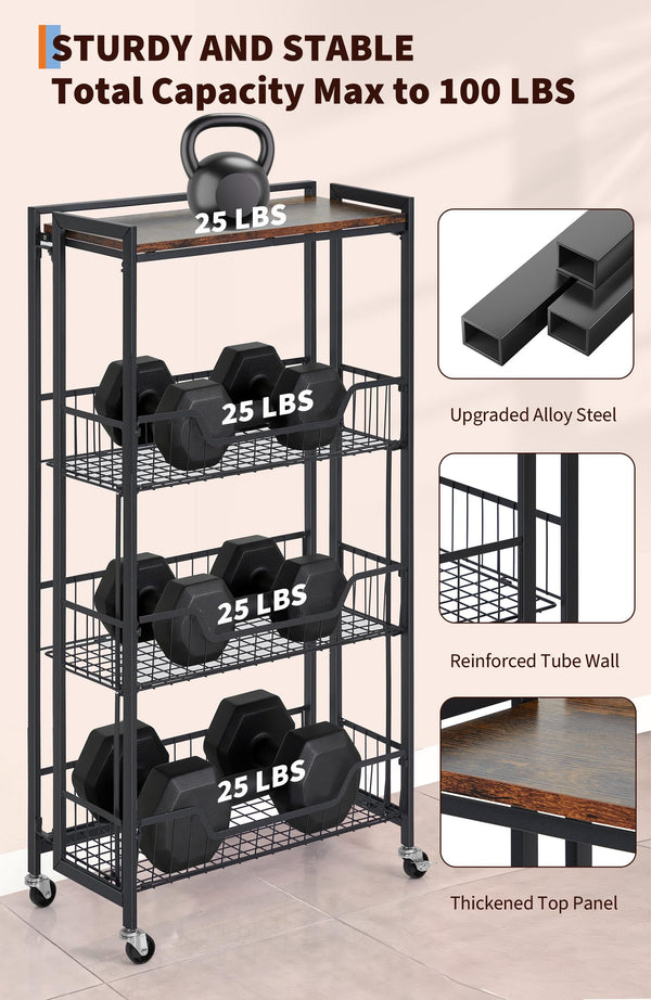 4-Tier Foldable Storage Cart with Lockable Casters
