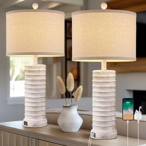 Farmhouse Table Lamps Set of 2 with USB Ports – Rustic Bedside & Living Room Lighting