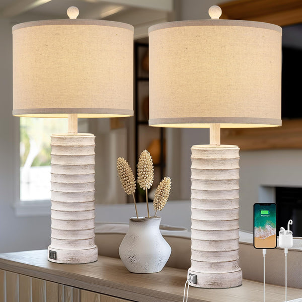 Farmhouse Table Lamps Set of 2 with USB Ports – Rustic Bedside & Living Room Lighting