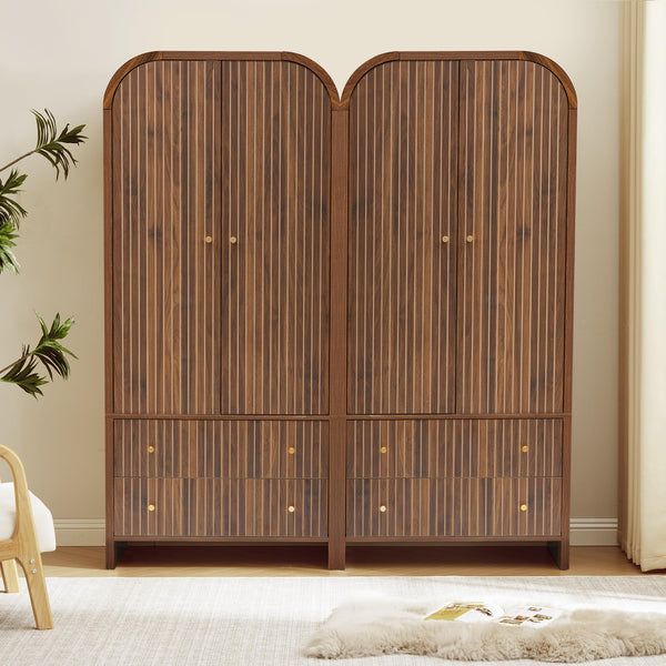 Arched Armoire Wardrobe Closet with Fluted Doors, Hanging Rod & 2 Drawers
