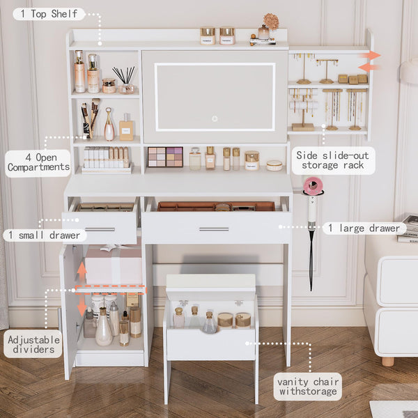 LED Vanity Desk with Mirror, Lights & Storage