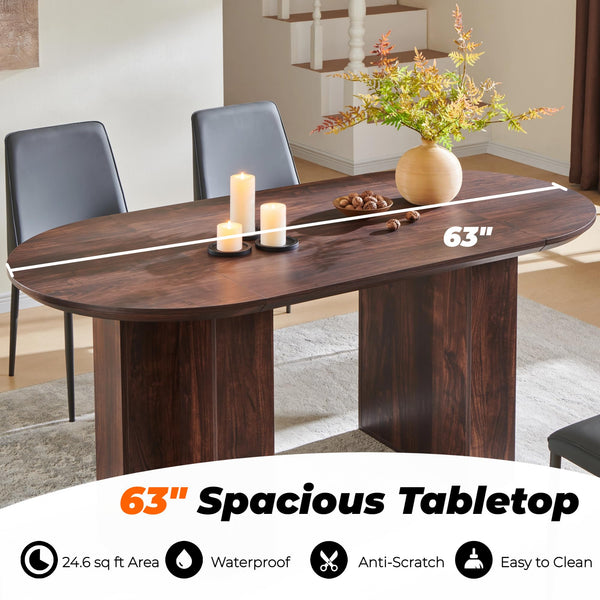 63" Oval Dining Table for 4-6 | Wood-Grain Top, T-Base, Dark Walnut