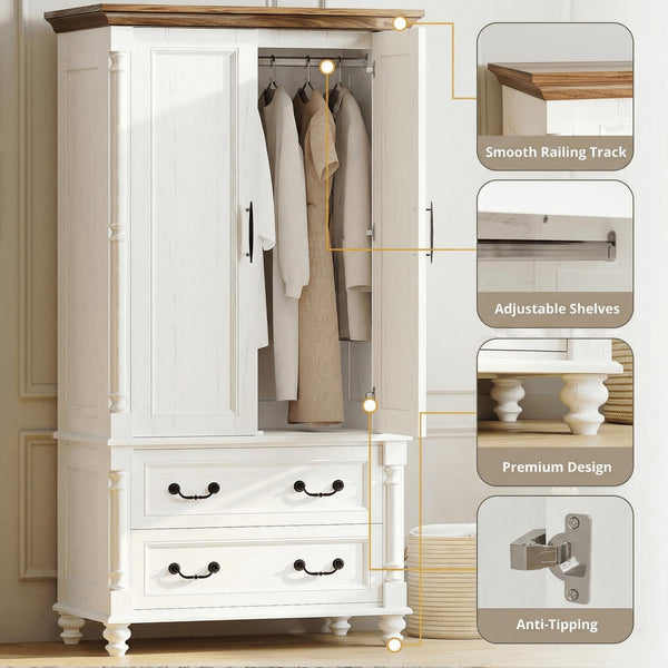 Farmhouse Armoire Wardrobe with 2 Doors & 2 Drawers – Freestanding Bedroom Closet Cabinet