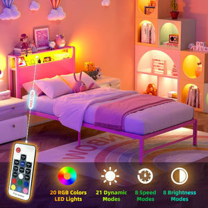 Twin Bed Frame with Storage Headboard, LED Light & Charging Station
