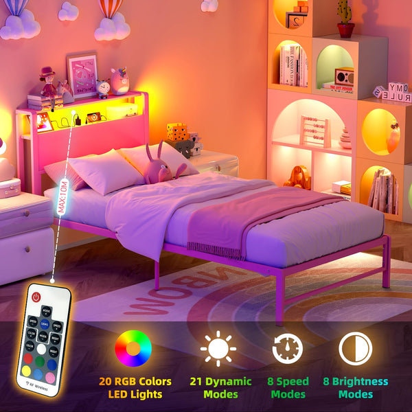 Twin Bed Frame with Storage Headboard, LED Light & Charging Station