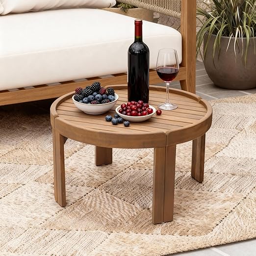 Acacia Wood Outdoor Side Table with Rope Weave