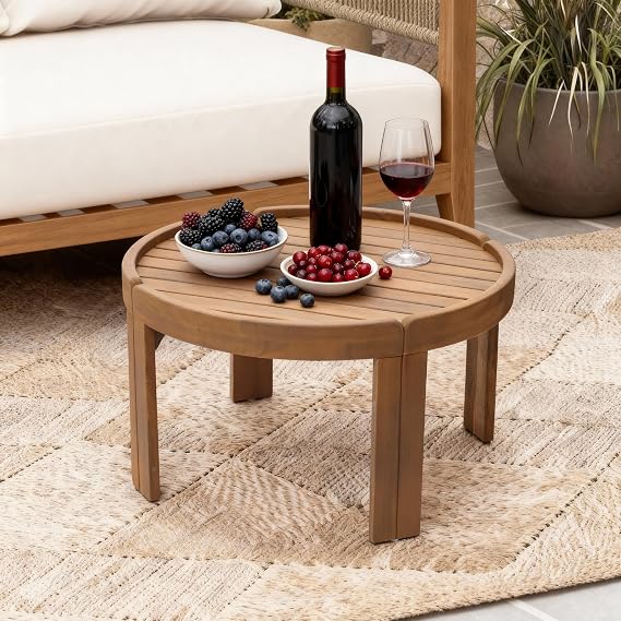 Acacia Wood Outdoor Side Table with Removable Tray Top & Slatted Design