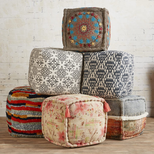 Floral Boho Square Ottoman Pouf
