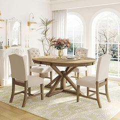 5-Piece Extendable Round Dining Table Set with 4 Upholstered Chairs