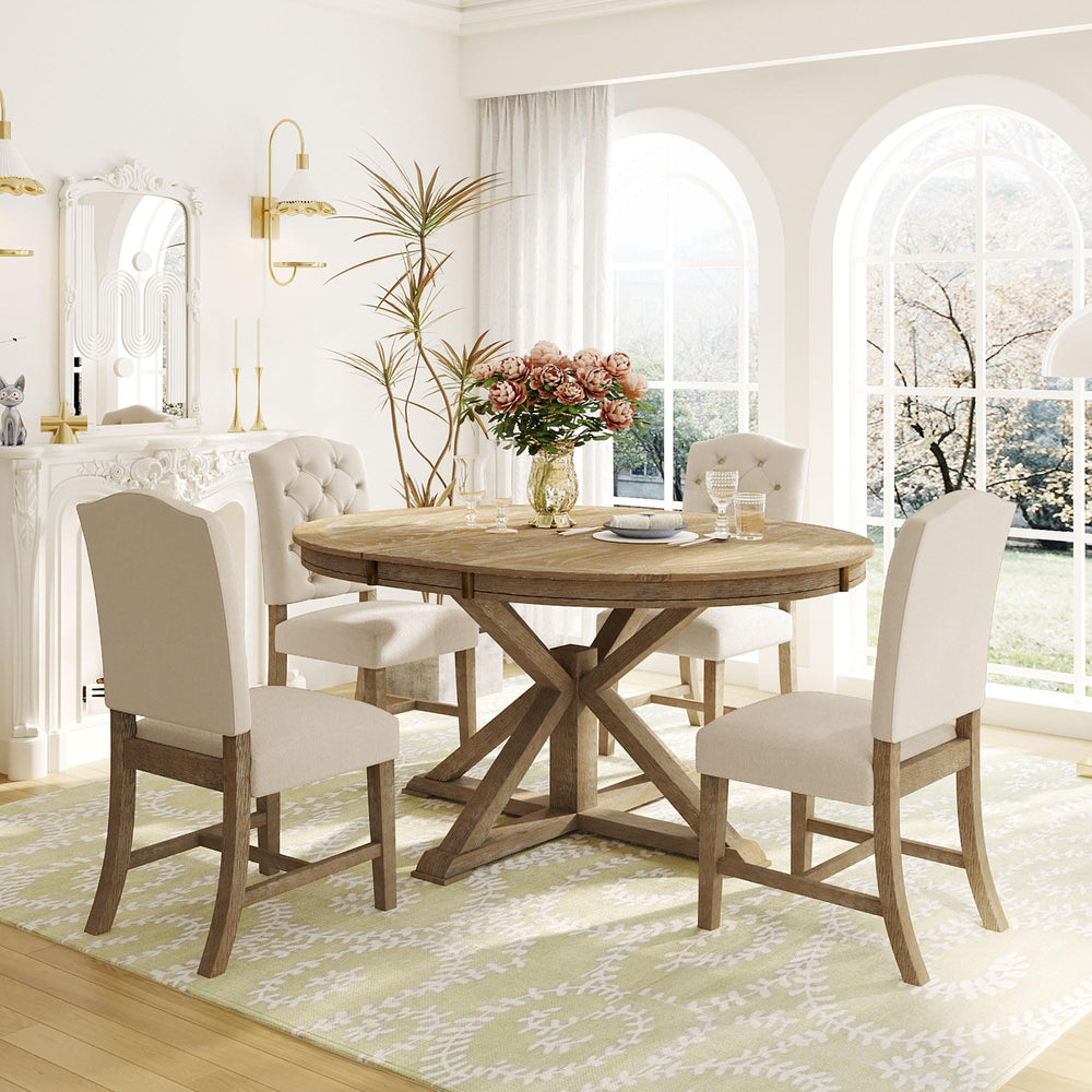 5-Piece Extendable Round Dining Table Set with 4 Upholstered Chairs