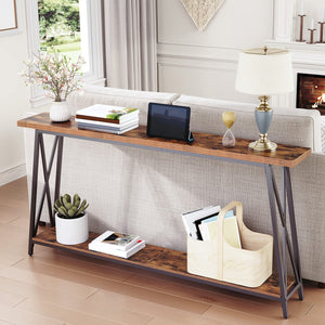 63-Inch Industrial Console Table with X-Shaped Metal Frame