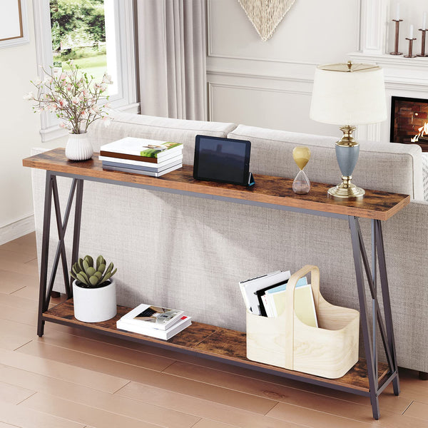 63-Inch Industrial Console Table with X-Shaped Metal Frame