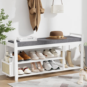 Bamboo Entryway Shoe Bench with Cushion and Side Holder