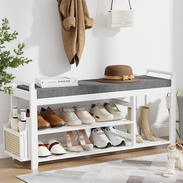 Bamboo Entryway Shoe Bench with Cushion and Side Holder