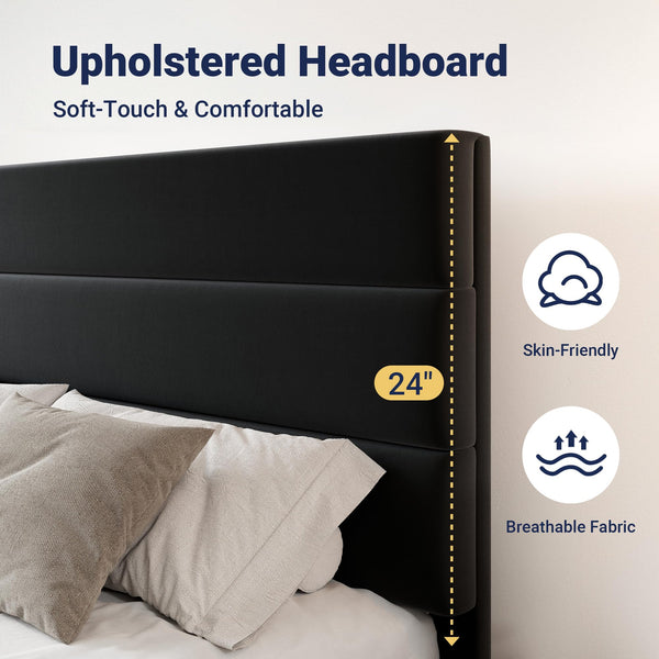 Queen Platform Bed Frame with Storage Drawers & Velvet Headboard