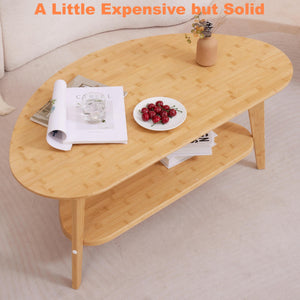 Oval Bamboo Coffee Table with Lower Storage Shelf