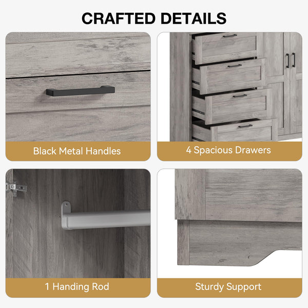 2-Door Wardrobe Armoire with 4 Drawers & Hanging Rod