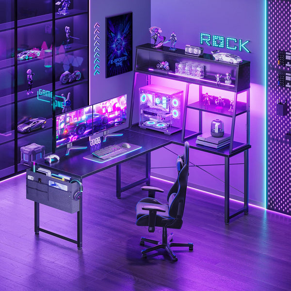 L-Shaped Gaming Desk with LED Lights and Display Shelves