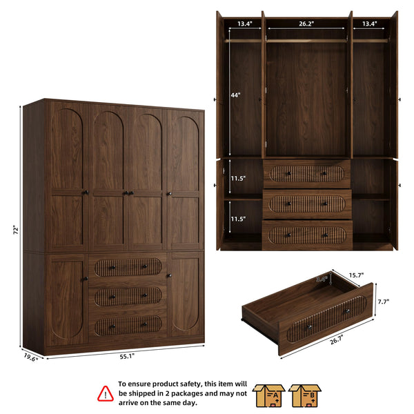4-Door Freestanding Wardrobe Armoire with Drawers & Hanging Rods