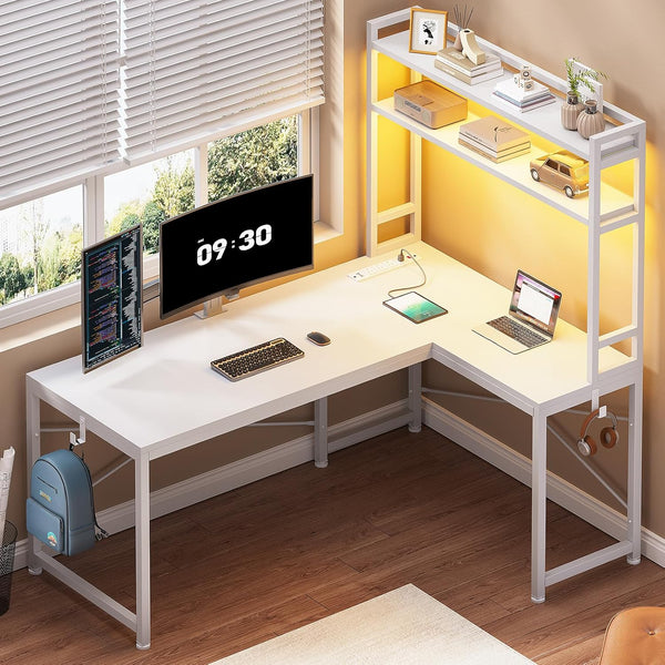 L-Shaped Corner Desk with Power Outlet & LED Lights
