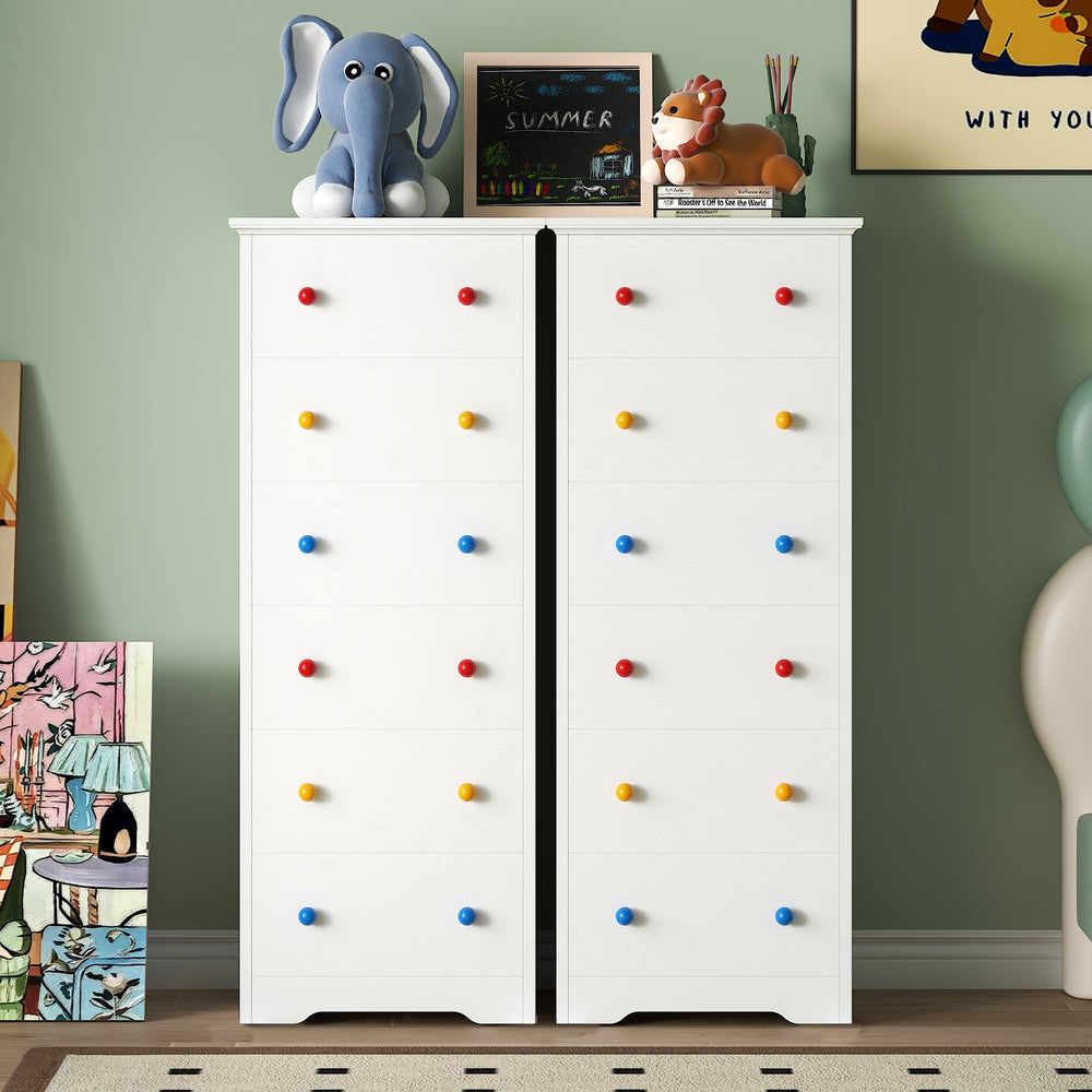 6-Drawer Tall Skinny Dresser with Colorful Handles – White
