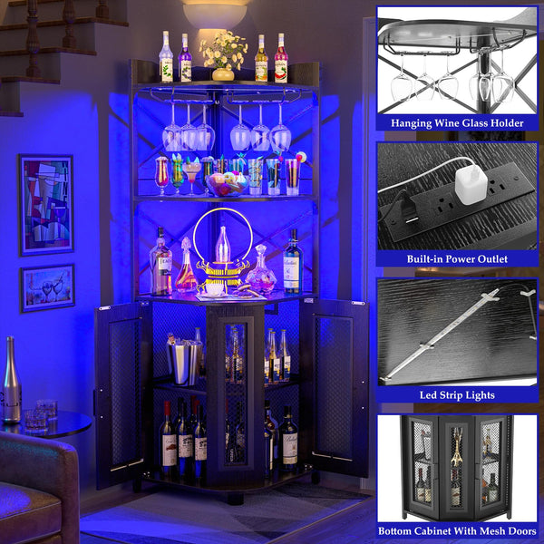 Corner Bar Cabinet with Power Outlet & LED Lights – 5-Tier Wine & Liquor Storage