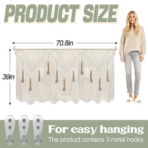 Extra Large Macrame Wall Hanging – Boho Tapestry with Rod, 70.8" × 39"