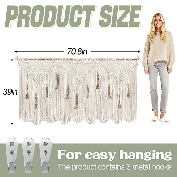 Extra Large Macrame Wall Hanging – Boho Tapestry with Rod, 70.8" × 39"