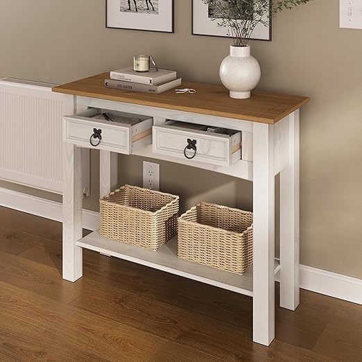 Solid Wood Console Table with 2 Drawers – Farmhouse Entryway Hall Table