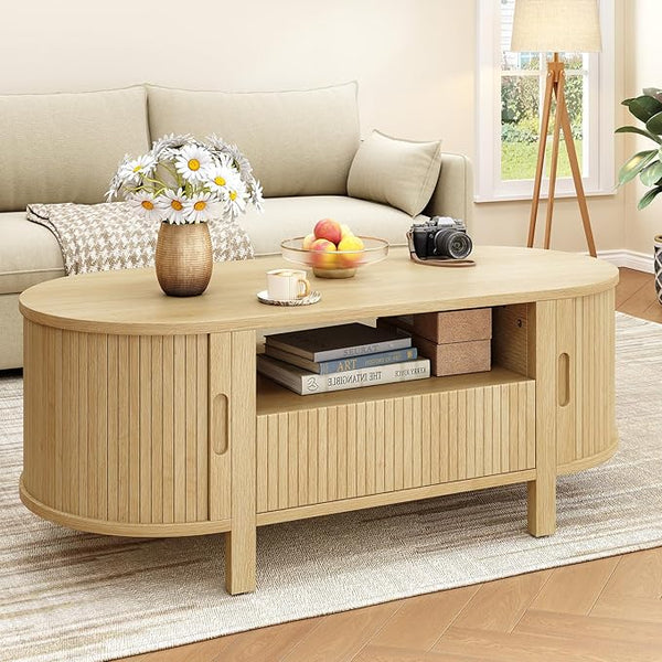 47.2" Oval Coffee Table with Storage, Drawer & Sliding Door