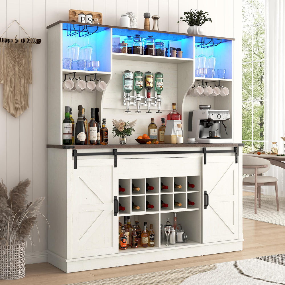 Farmhouse Coffee Bar Cabinet with LED Light & Sliding Barn Doors