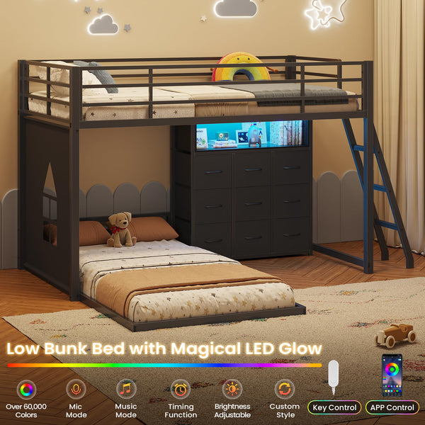 Twin Over Twin L-Shaped Low Bunk Bed with Storage & LED Lights