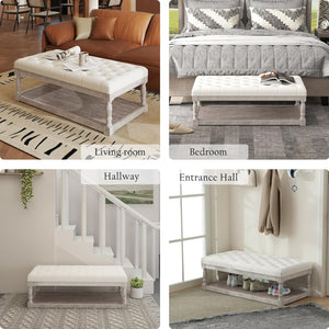 Rectangular Tufted Ottoman Coffee Table with Storage Shelf
