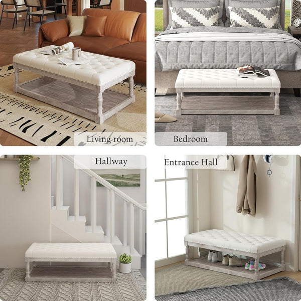 Rectangular Tufted Ottoman Coffee Table with Storage Shelf