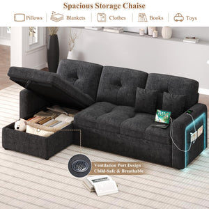 HIFIT 81" LED Sectional Sleeper Sofa with Pull Out Couch Bed, Convertible L Shaped Couch with Storage & USB & Adjustable Backrest & 2 Pillows, Chenille Sectional Couch for Living Room Bedroom, Black