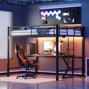 Metal Loft Bed with Desk, LED Lights & Charging Stations