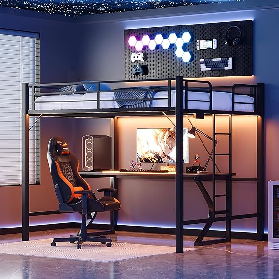 Metal Loft Bed with Desk, LED Lights & Charging Stations