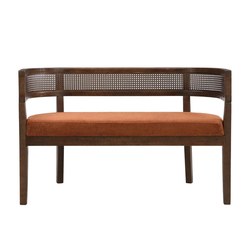Fabric Upholstered Loveseat with Rattan Backrest & Rubberwood Frame